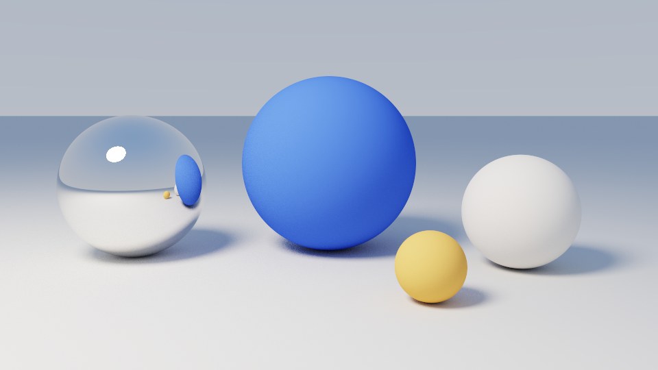 Four spheres on a pale floor: a chrome one, a large blue one, a small yellow one and a white one, lit softly from the upper left